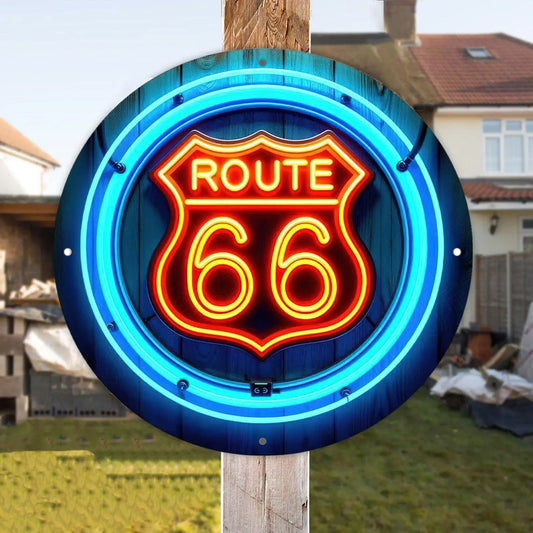 Route 66 Vintage Metal Wall Sign – Round Aluminum Garage Plaque