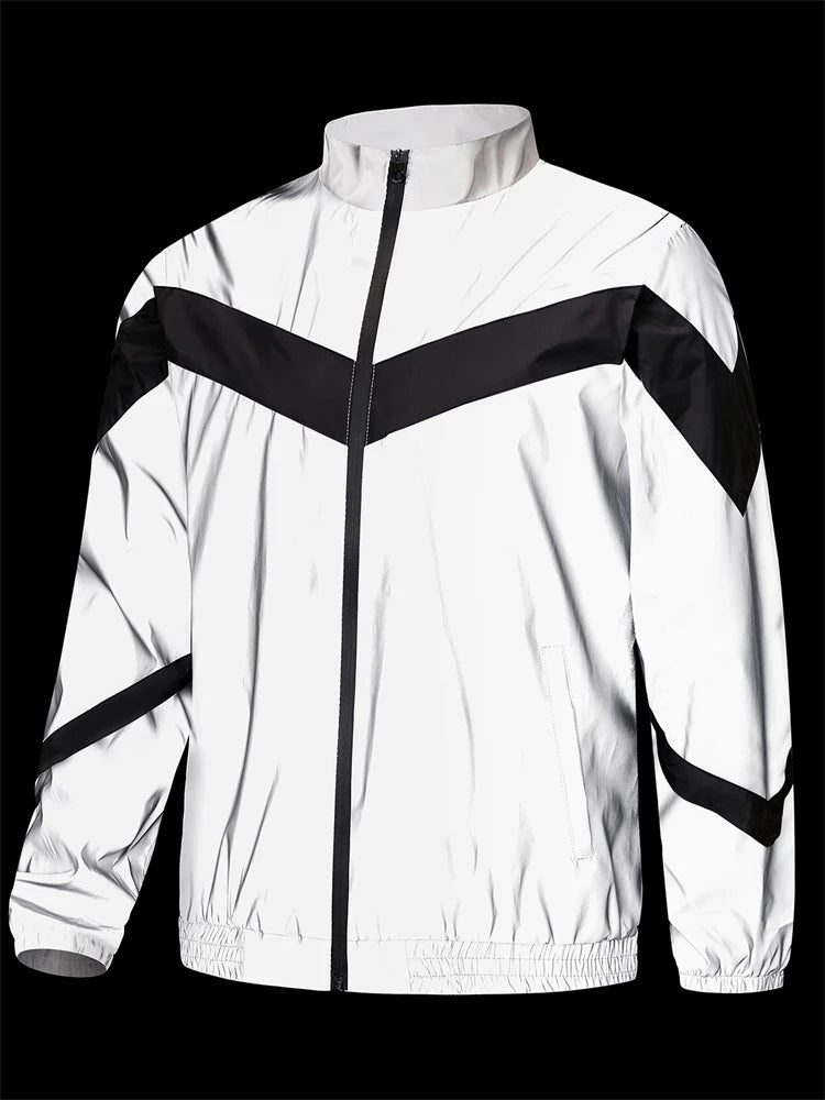 Men’s Night Reflective Patchwork Jacket – Stand Collar Streetwear | Spring & Autumn