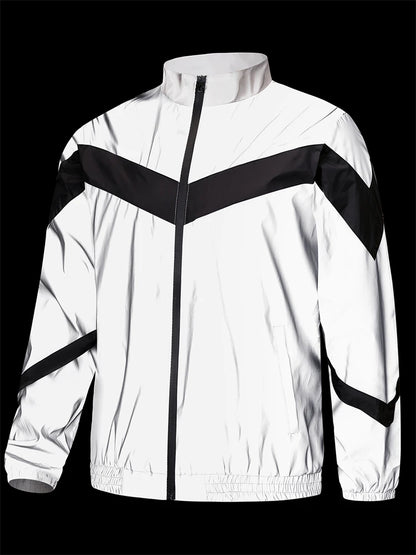 Men’s Night Reflective Patchwork Jacket – Stand Collar Streetwear | Spring & Autumn