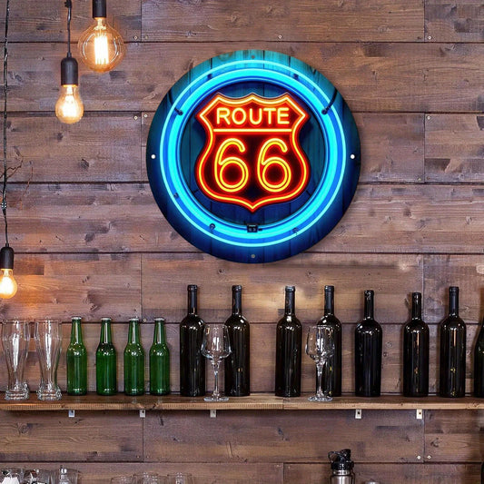 Route 66 Vintage Metal Wall Sign – Round Aluminum Garage Plaque