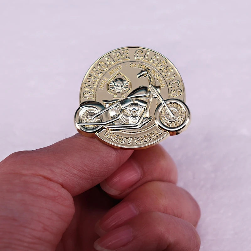 Classic Chopper Motorcycle Brooch | Gold Round Biker Pin Badge