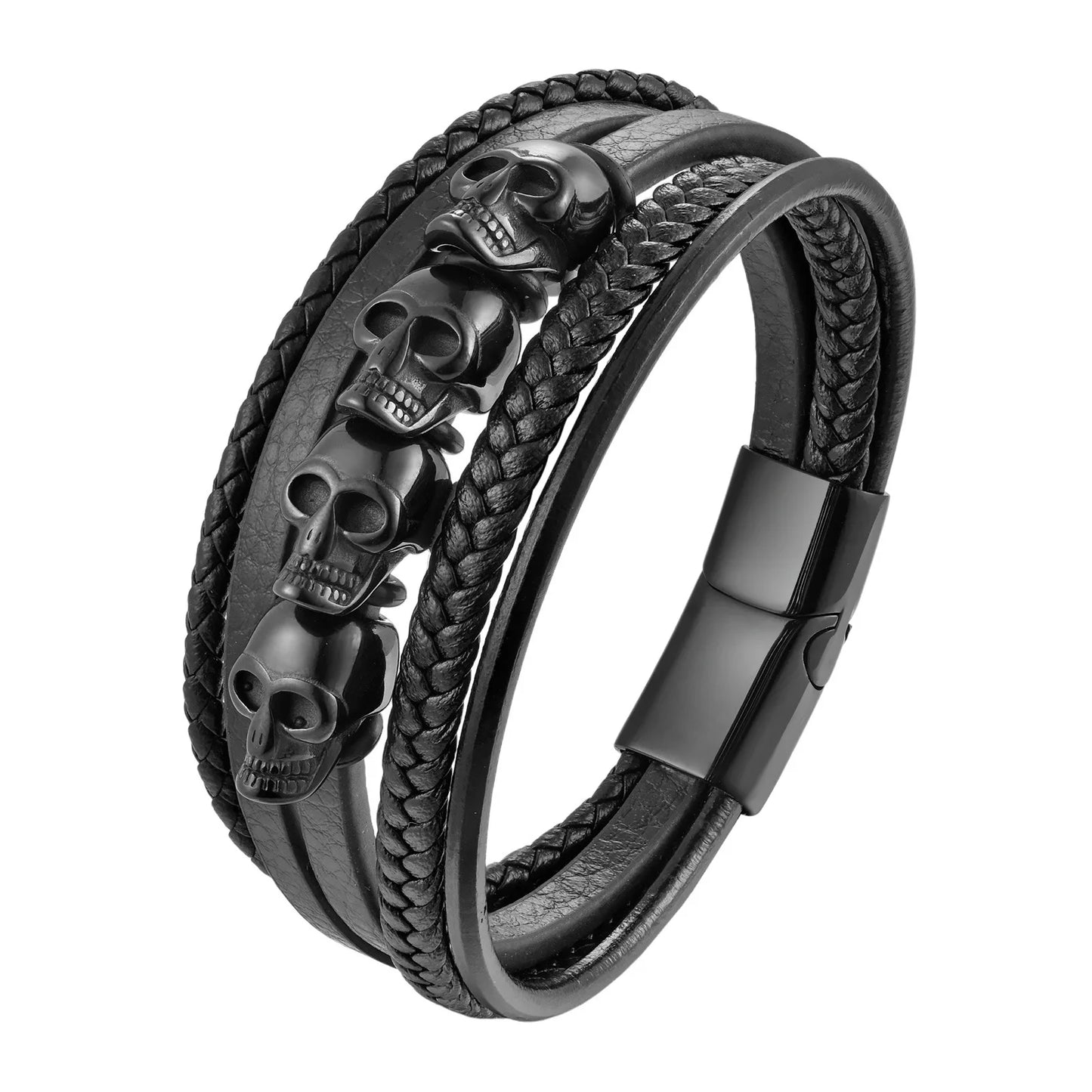 Men’s Punk Leather Bracelet – Skull Charm Magnetic Stainless Steel Bangle