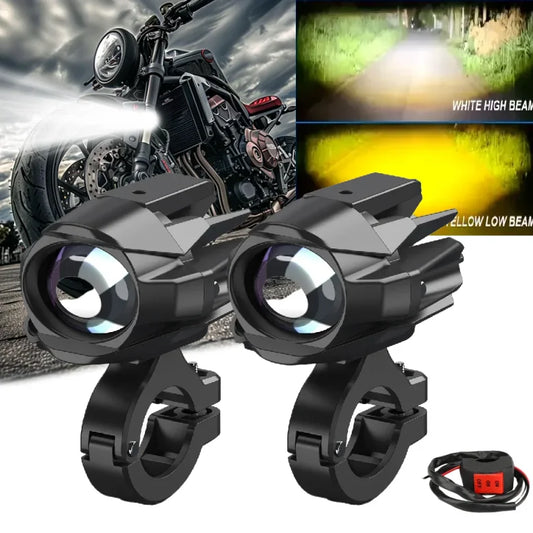 120W Dual-Mode LED Motorcycle Auxiliary Spotlights – White & Yellow Beam, IP67, Pair with Switch