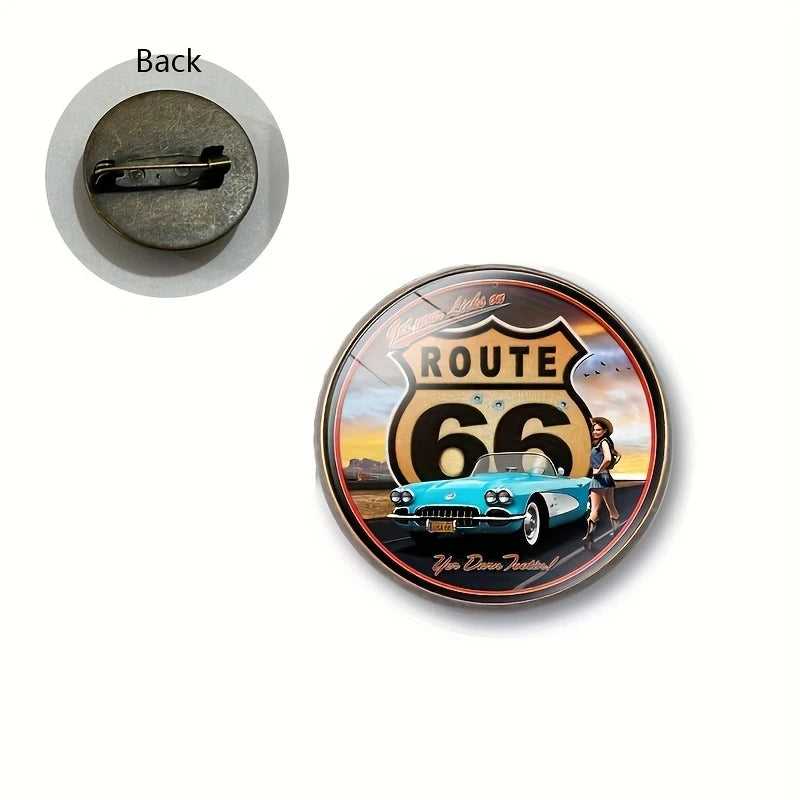 Route 66 Vintage Glass Dome Brooch Pin – Motorcycle Americana Badge