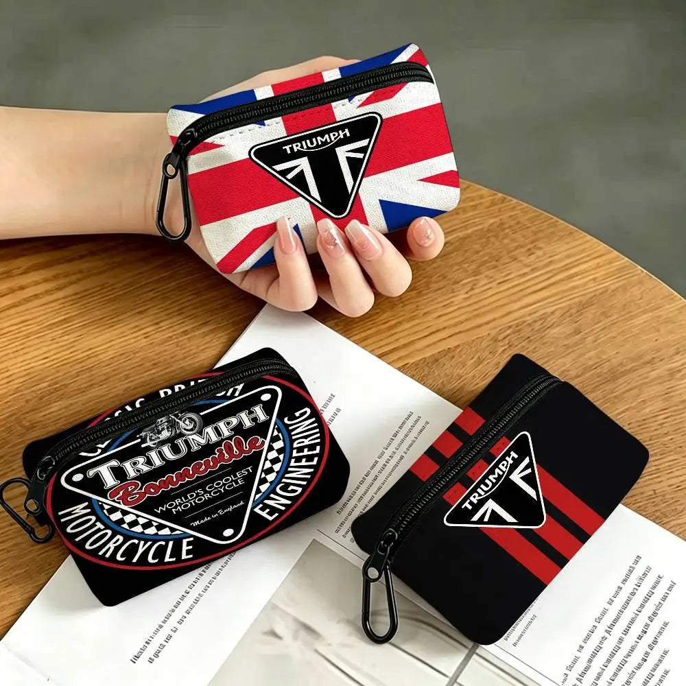 Motorcycle Print Oxford Coin Purse – Mini Zipper Pouch with Carabiner Hook