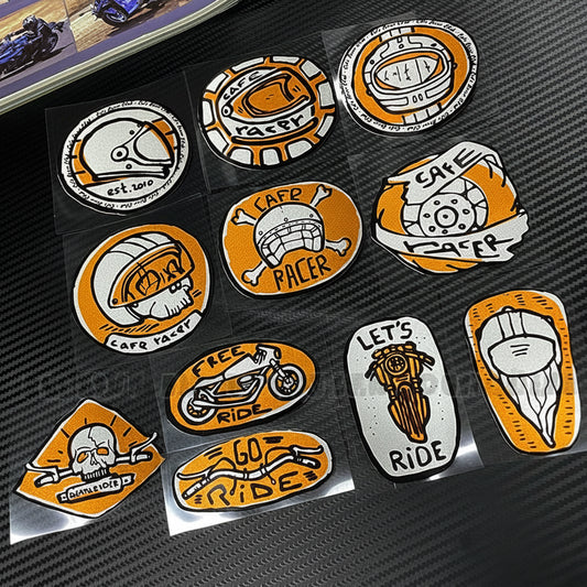 Cafe Racer Vintage Motorcycle Skull Sticker – Reflective PVC Decal for Helmet, Fuel Tank & Fender