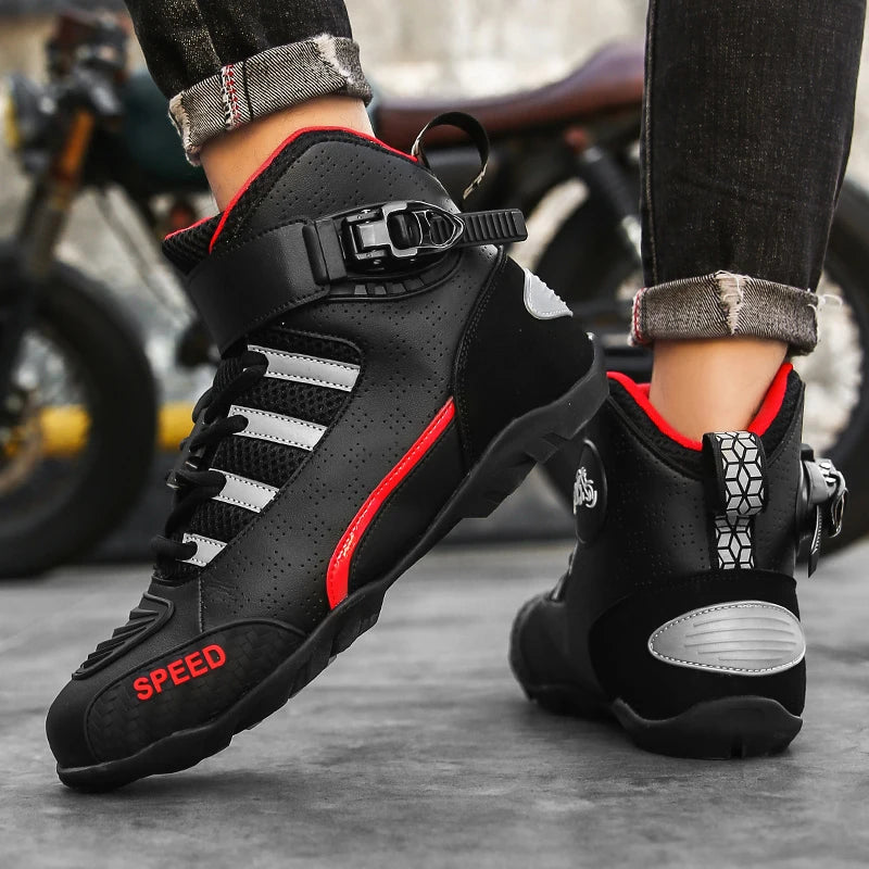 Men's Leather Motorcycle Ankle Boots – Breathable Anti-Slip Racing Shoes