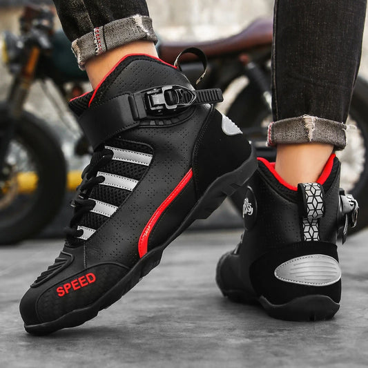 Men's Leather Motorcycle Ankle Boots – Breathable Anti-Slip Racing Shoes