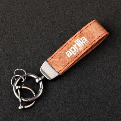 Racing Embossed Leather Motorcycle Keychain – Stitched Strap & Double Ring